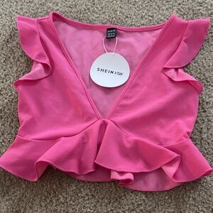 SHEIN Hot Pink Ruffle V-Neck Crop Top